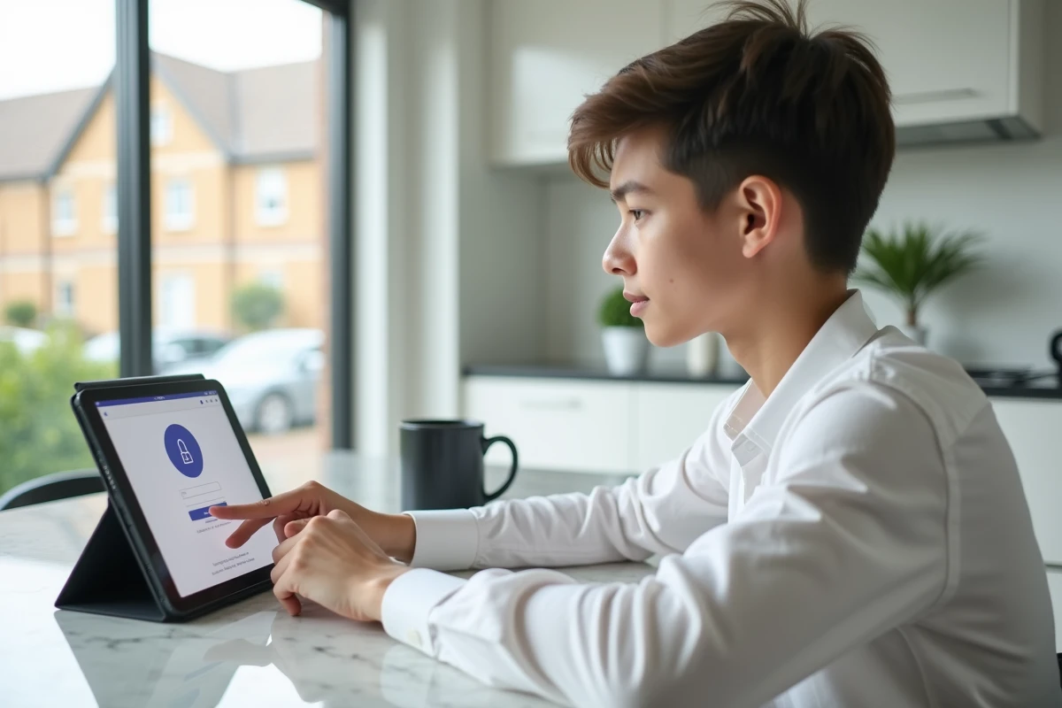 Jeune adulte accédant à un portail de formation en ligne sécurisé depuis sa cuisine avec une tablette