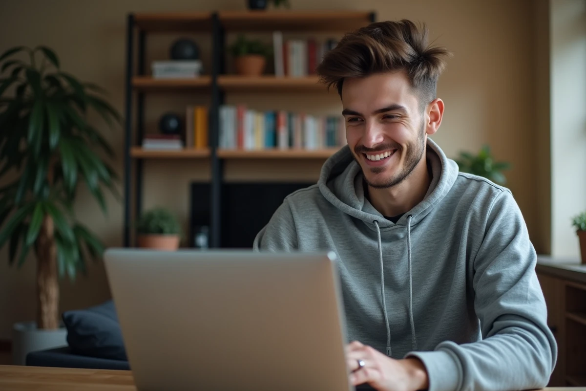 Jeune homme accédant à un site de streaming sportif sur son ordinateur portable depuis son bureau à domicile