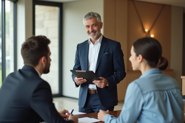 Agent immobilier souriant avec couple dans bureau moderne