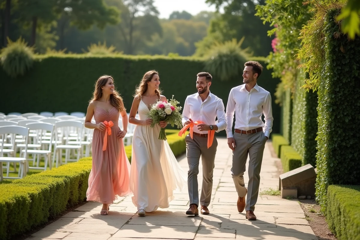 Amis marchant avec décorations de mariage dans le jardin