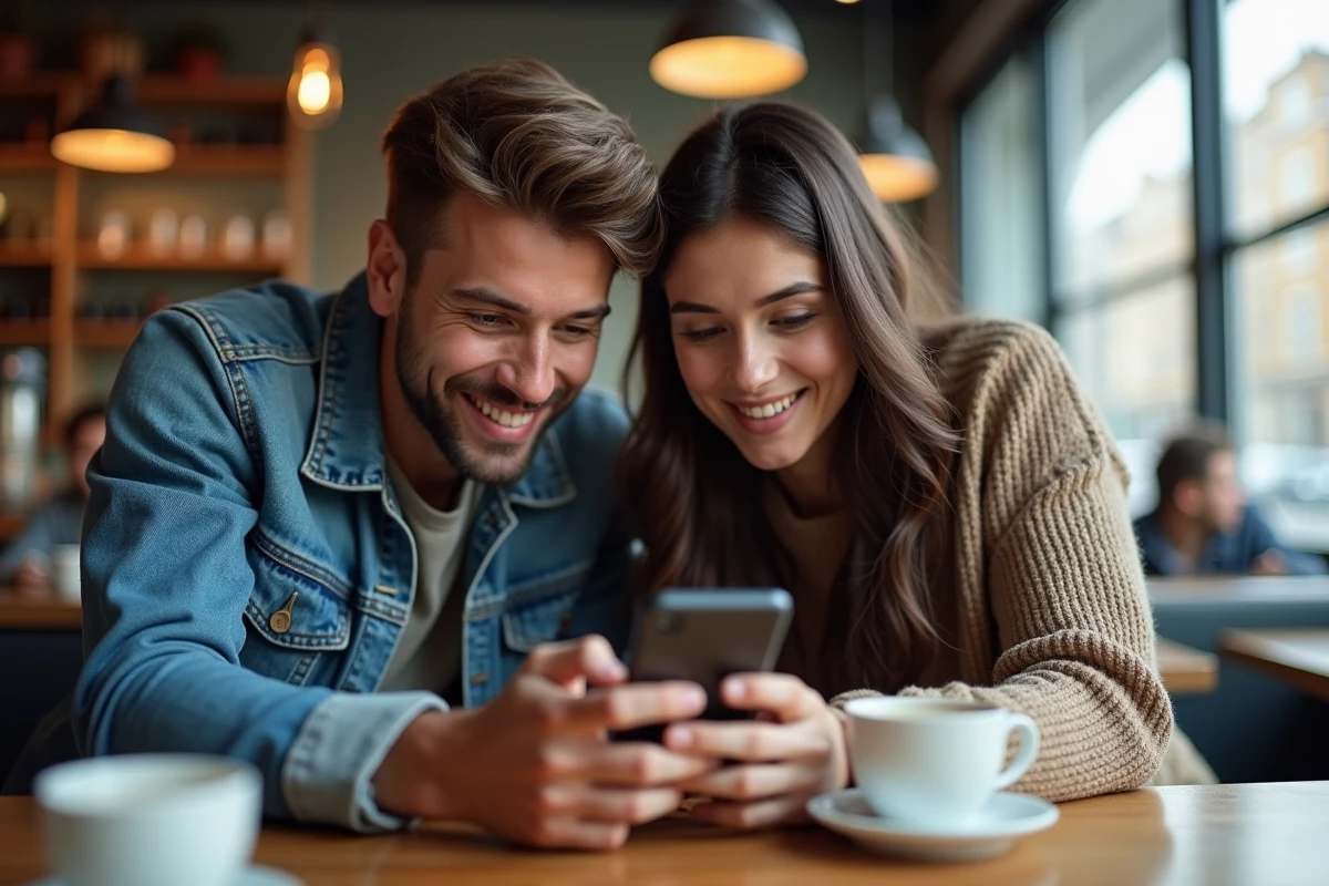 Deux amis consultant un site de streaming sportif sur smartphone dans un café urbain