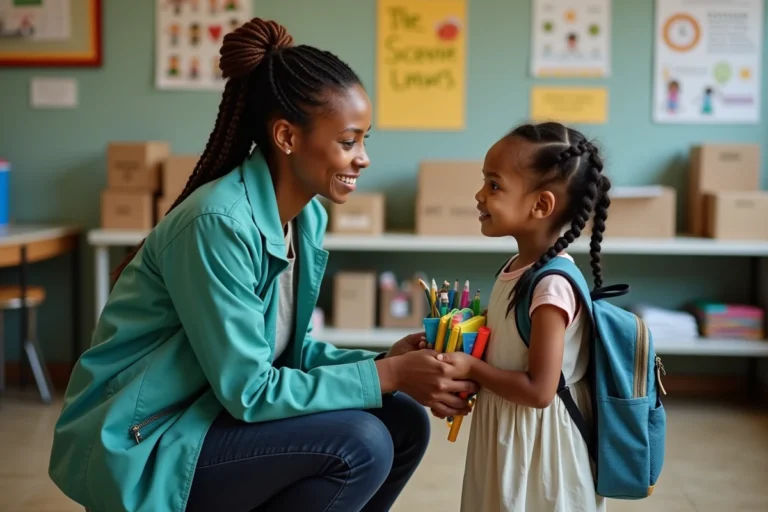 Bénévole d'une association remettant un cartable rempli de fournitures scolaires à une jeune fille dans un centre communautaire