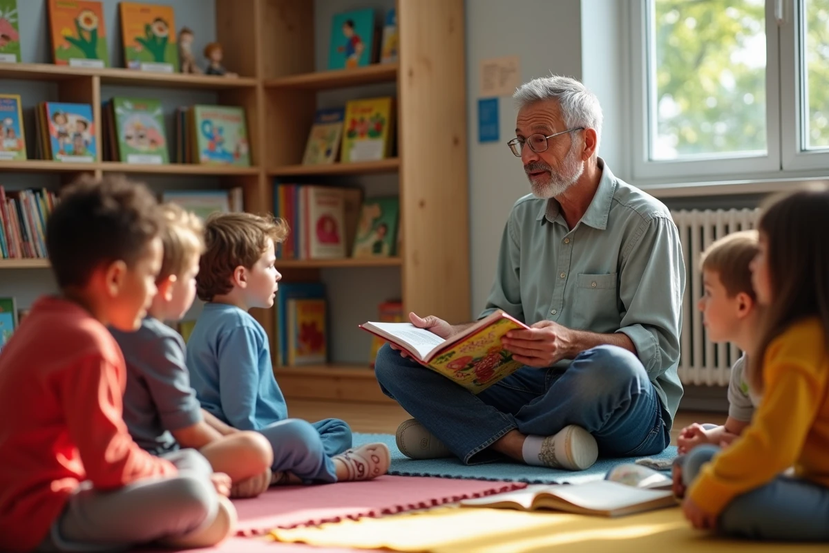 Adulte bénévole lisant un livre illustré à un groupe d'enfants assis sur des tapis dans une bibliothèque associative