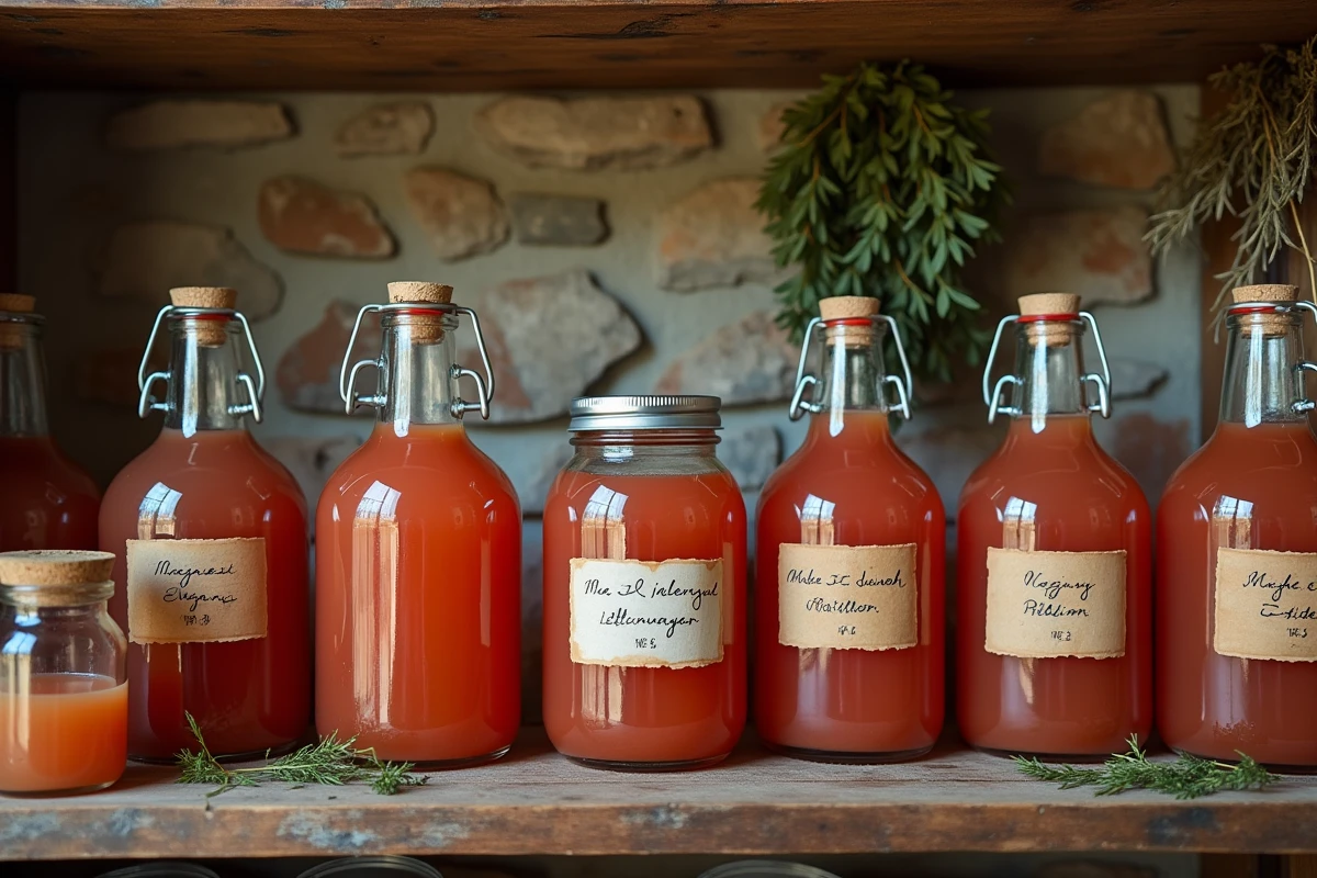 Bouteilles et bocaux de punch maison étiquetés rangés sur une étagère en bois dans un cellier rustique