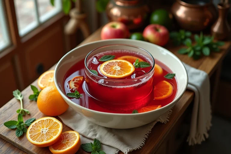 Bol de punch maison aux fruits rouges posé sur un plan de travail en bois avec des agrumes et de la menthe fraîche