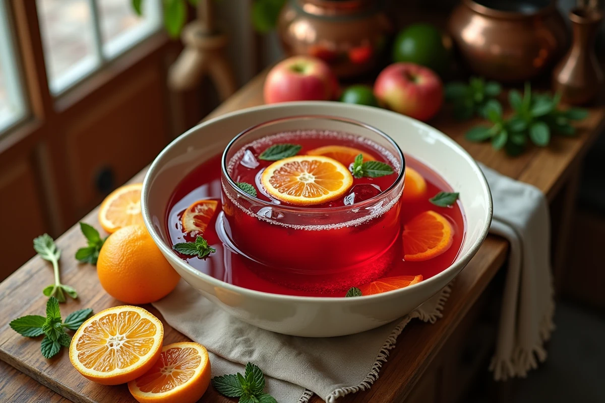 Bol de punch maison aux fruits rouges posé sur un plan de travail en bois avec des agrumes et de la menthe fraîche