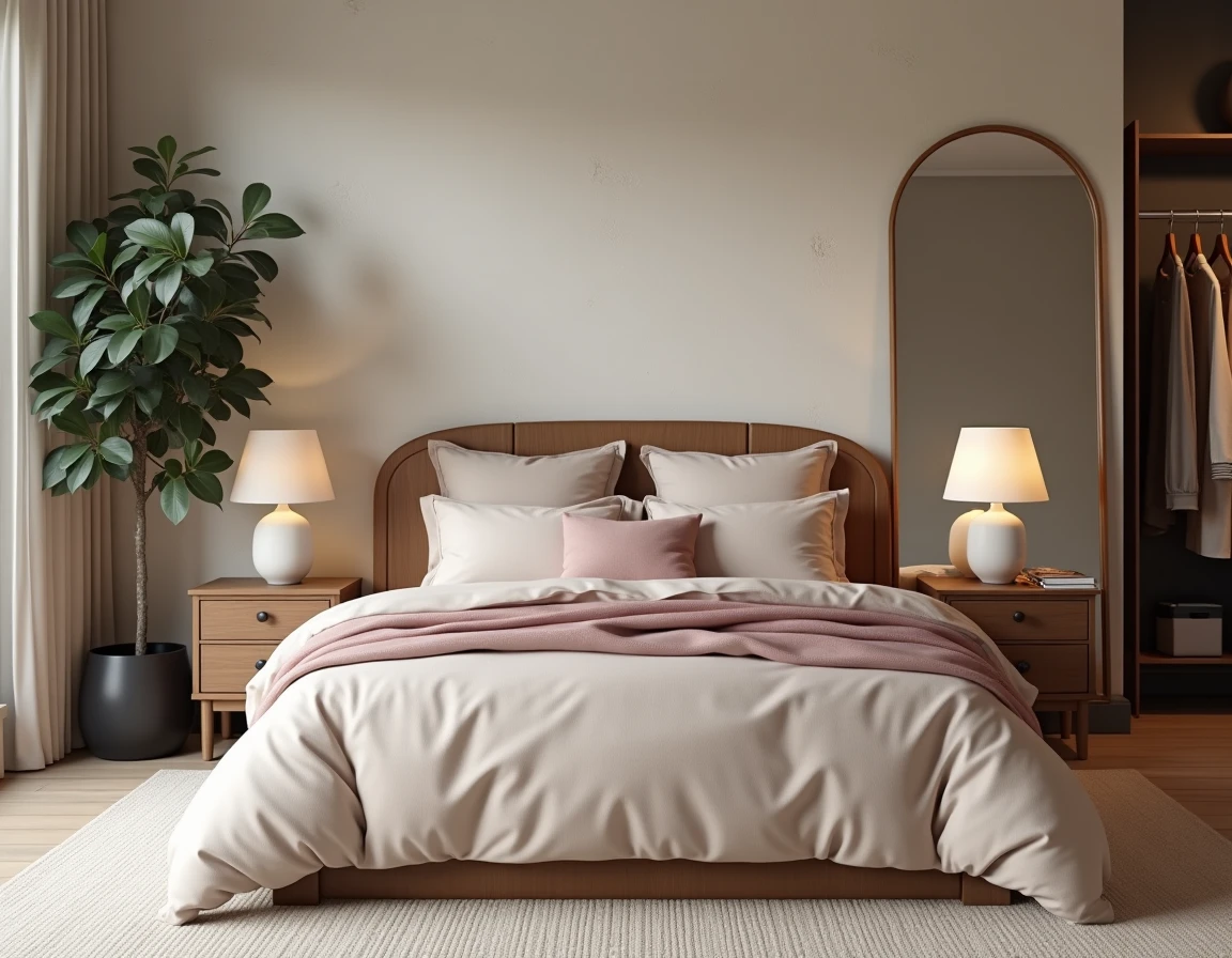 Chambre moderne et cocooning avec literie en coton bio ivoire et rose poudré, tête de lit en noyer et miroir arqué élégant pour une décoration tendance 2024