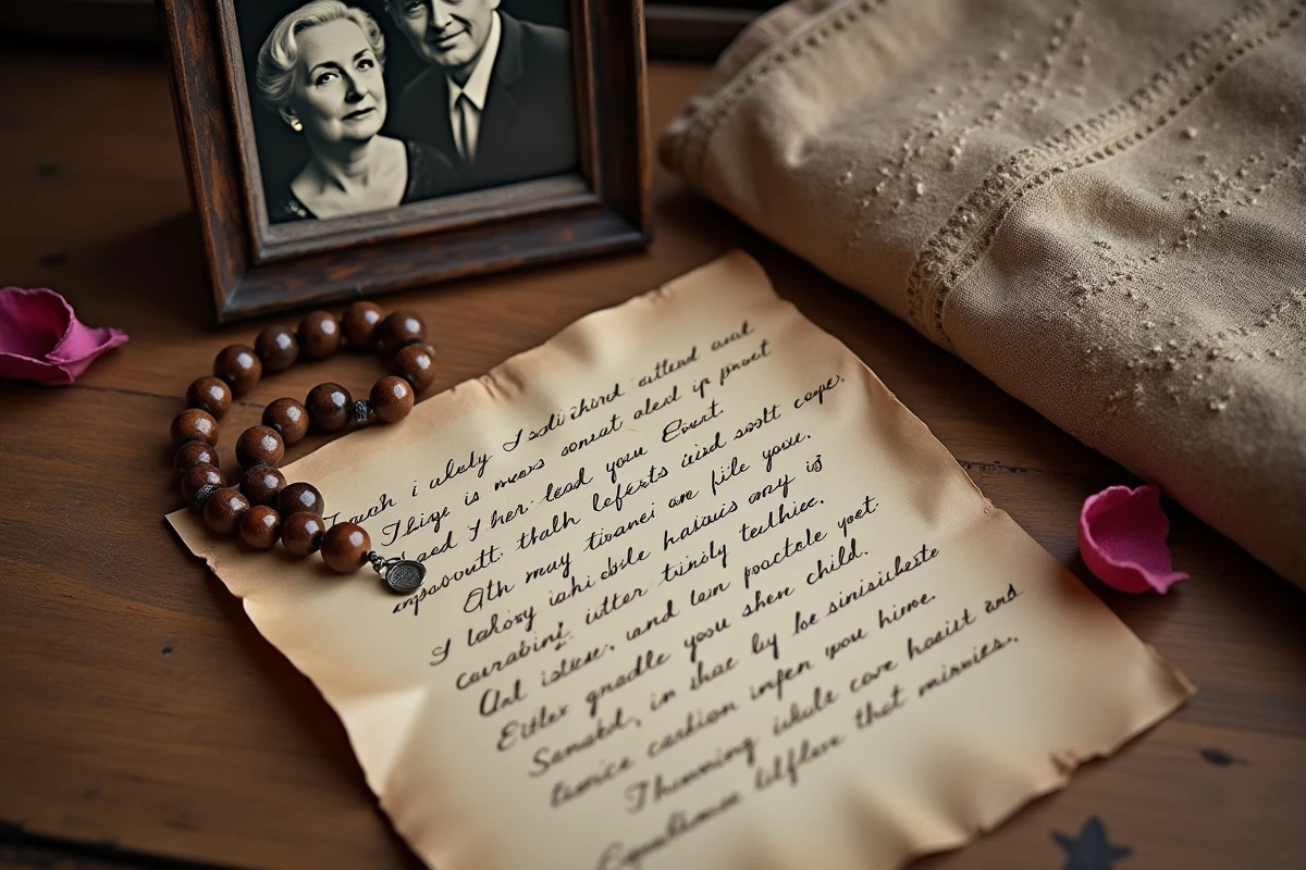 Chapelet islamique, lettre manuscrite et photographie de parents décédés sur bois ancien, symbolisant le souvenir spirituel et le rêve en islam