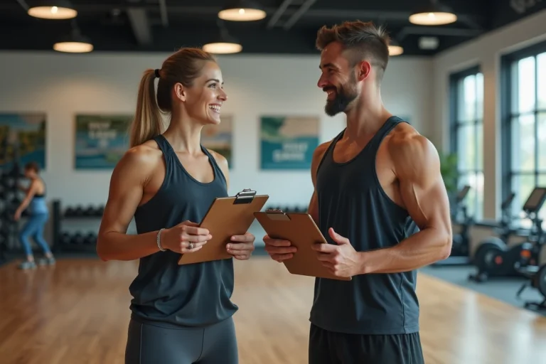 Entraineure sportive souriante avec jeune homme en salle de sport