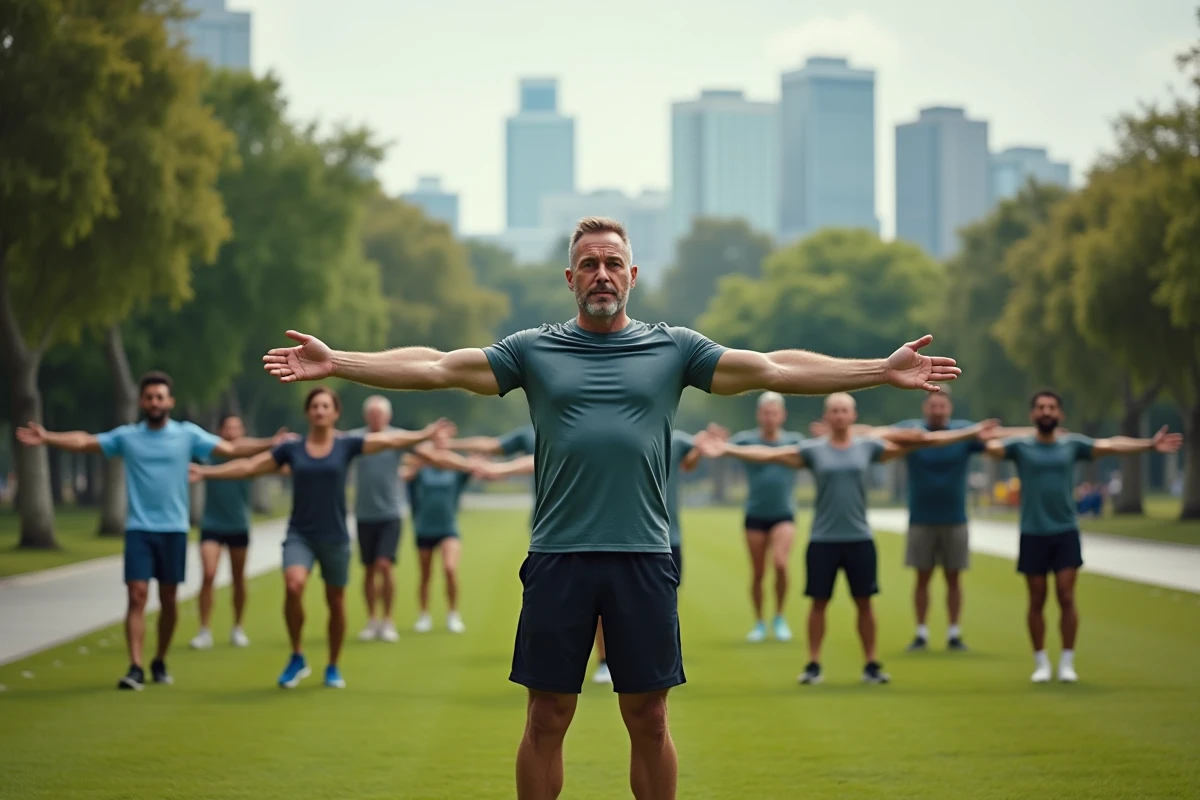 Entraineur en plein air montrant un étirement à un groupe d