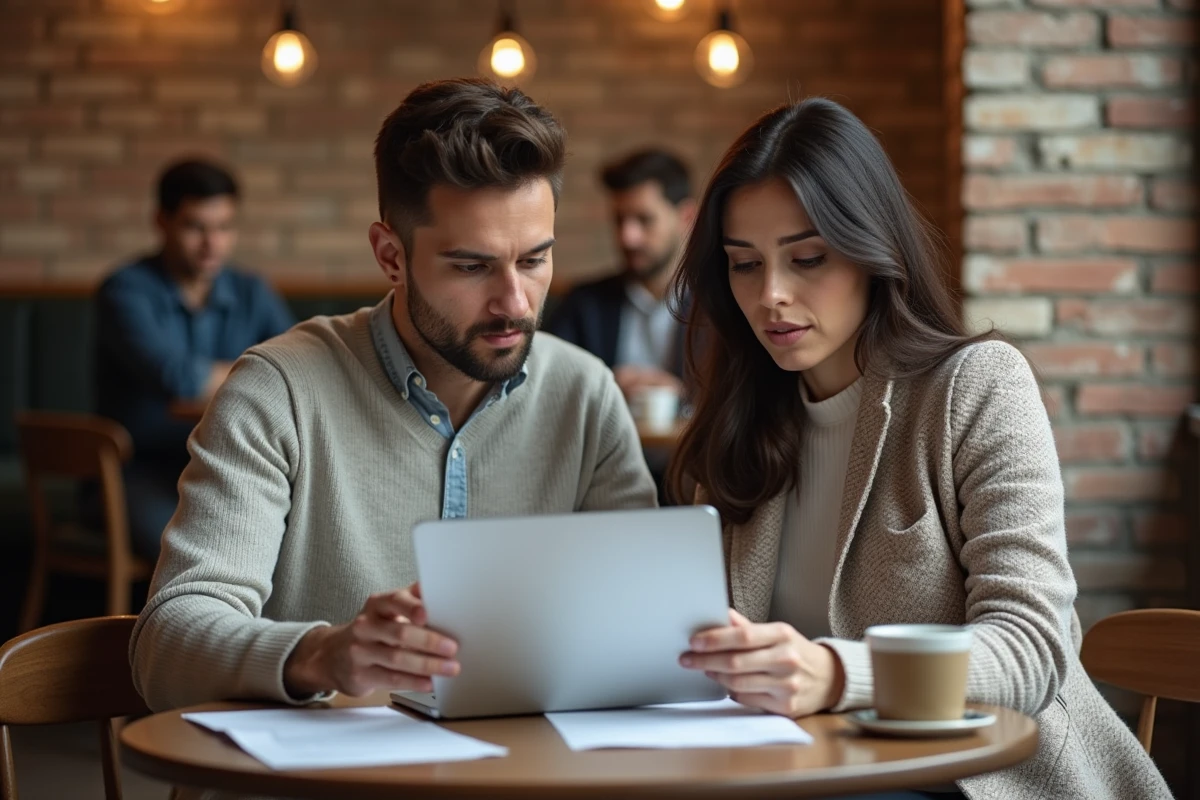 Deux collègues discutant d'une transition professionnelle autour d'un CV dans un café moderne
