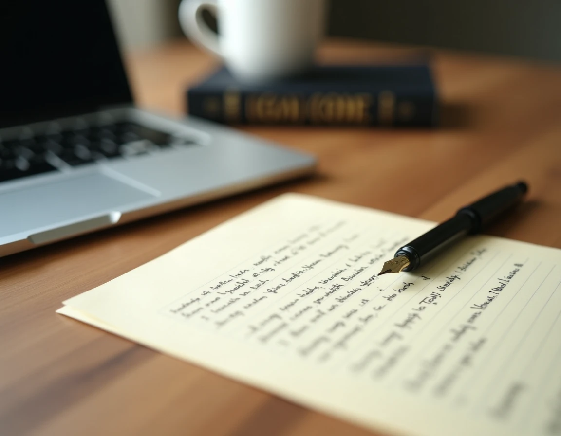 Comparaison entre lettre manuscrite et clavier d'ordinateur sur un bureau en bois pour rédiger un courrier au juge