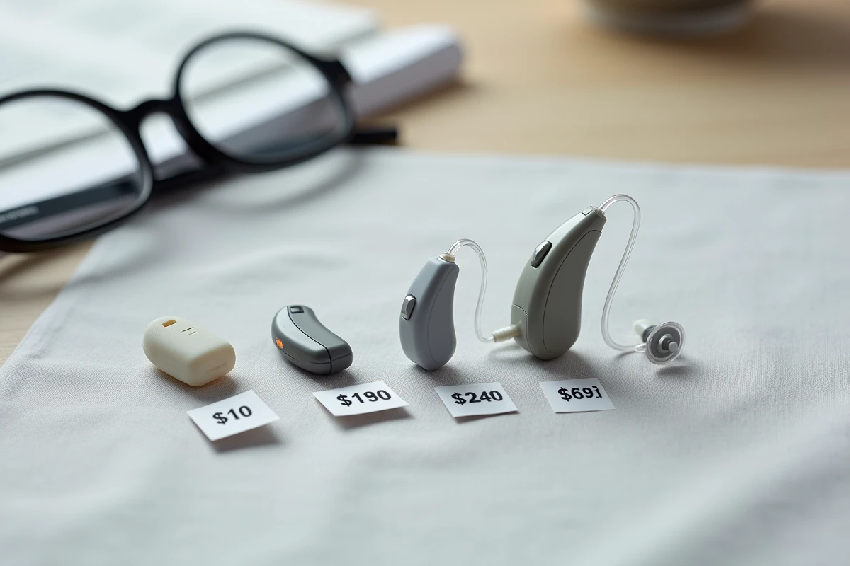 Comparaison de trois modèles d'appareils auditifs avec étiquettes de prix sur une surface neutre, pour illustrer les tarifs Audika 2024