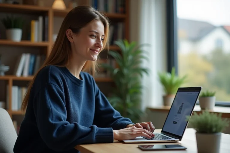 Femme connectée à un portail sécurisé depuis son bureau à domicile sur un ordinateur portable