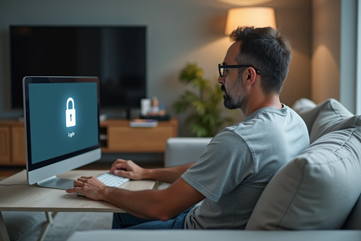 Homme en télétravail se connectant à une plateforme professionnelle sécurisée depuis son salon