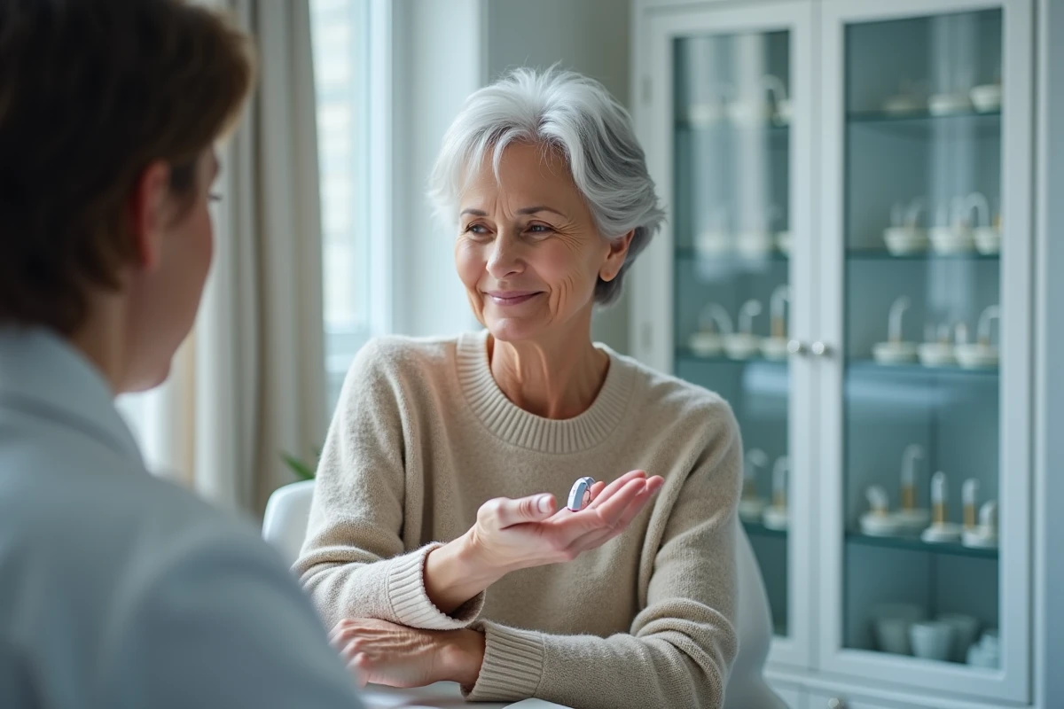Femme senior tenant un appareil auditif lors d'une consultation chez un audioprothésiste Audika en 2024