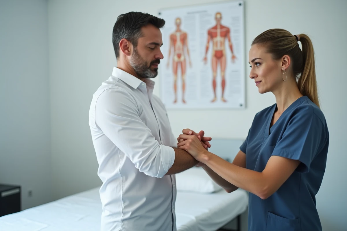 Homme en consultation chez un kinésithérapeute pour une douleur au poignet gauche examiné par une thérapeute