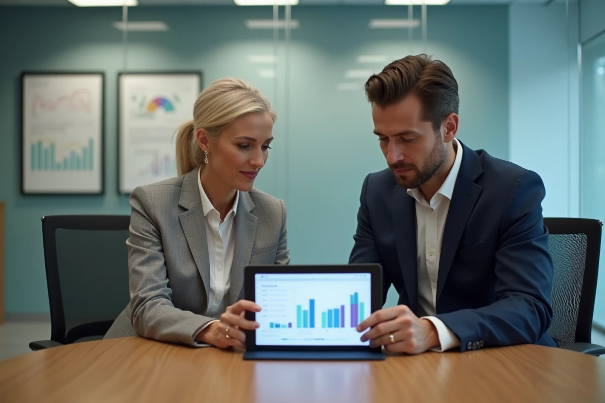 Deux fonctionnaires consultant un simulateur de prêt Casden en agence avec tableau de points