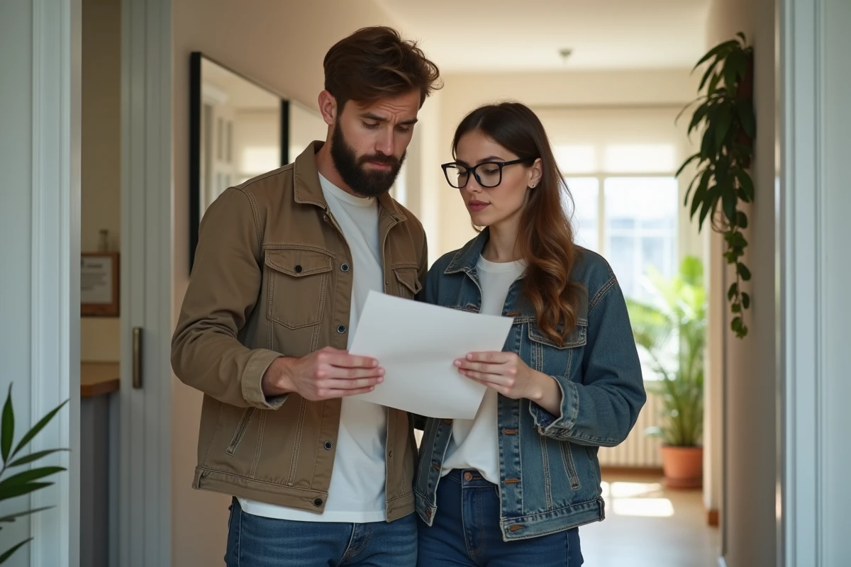 Couple examinant un document de remboursement dans une agence immobilière liée à 123 Loger