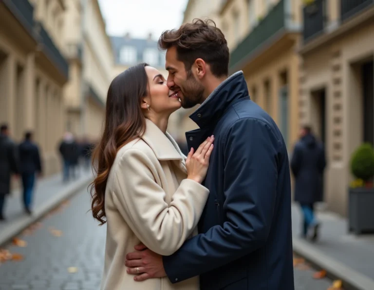 Couple amoureux s'embrassant tendrement dans une rue pavée de Paris en automne, signe d'amour profond
