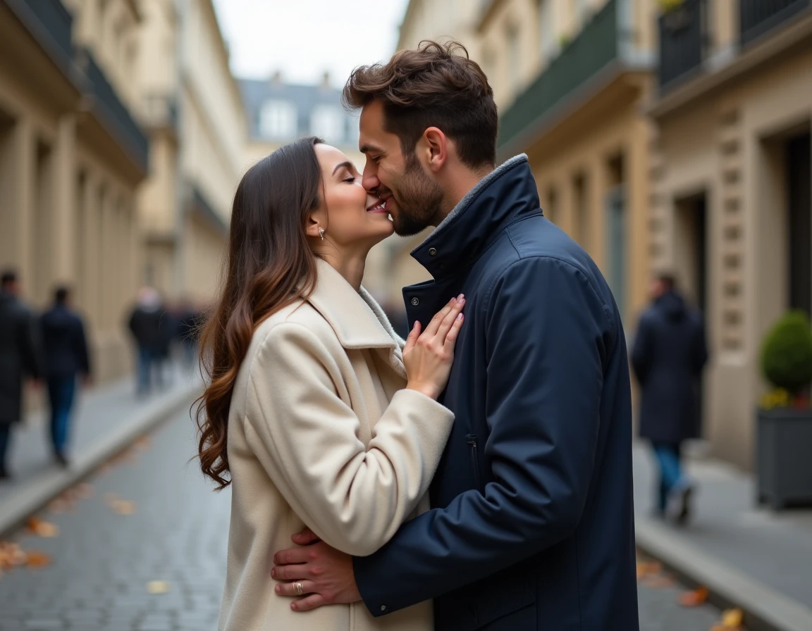 Couple amoureux s'embrassant tendrement dans une rue pavée de Paris en automne, signe d'amour profond