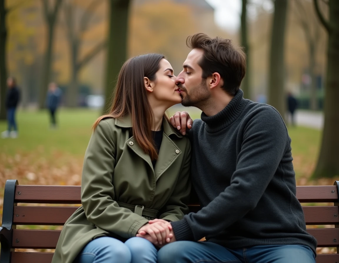 Couple assis sur un banc de parc, l'homme embrassant sa partenaire avec tendresse et intention amoureuse