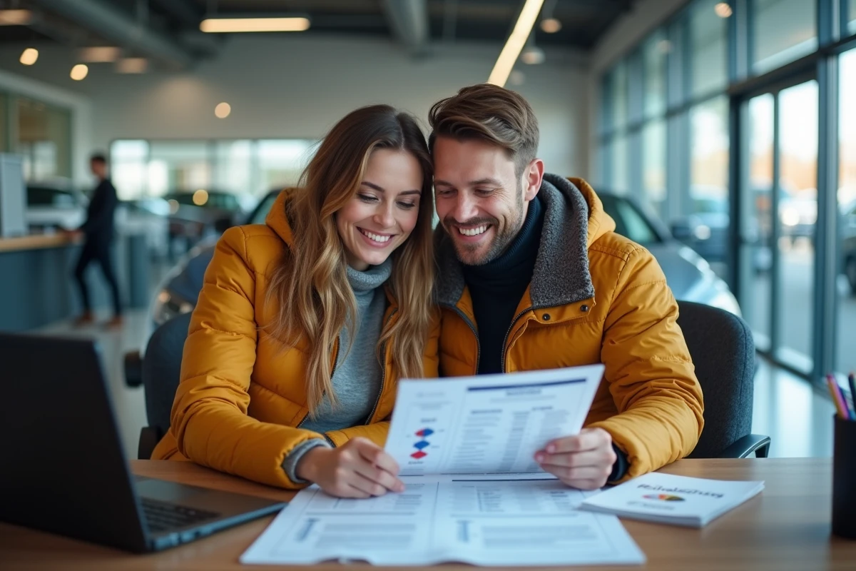 Couple examinant une fiche de fiabilité automobile avec un vendeur dans un bureau de concession