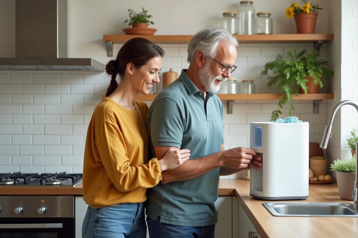 Couple inspectant un système de filtration d'eau sous l'évier dans une cuisine écologique