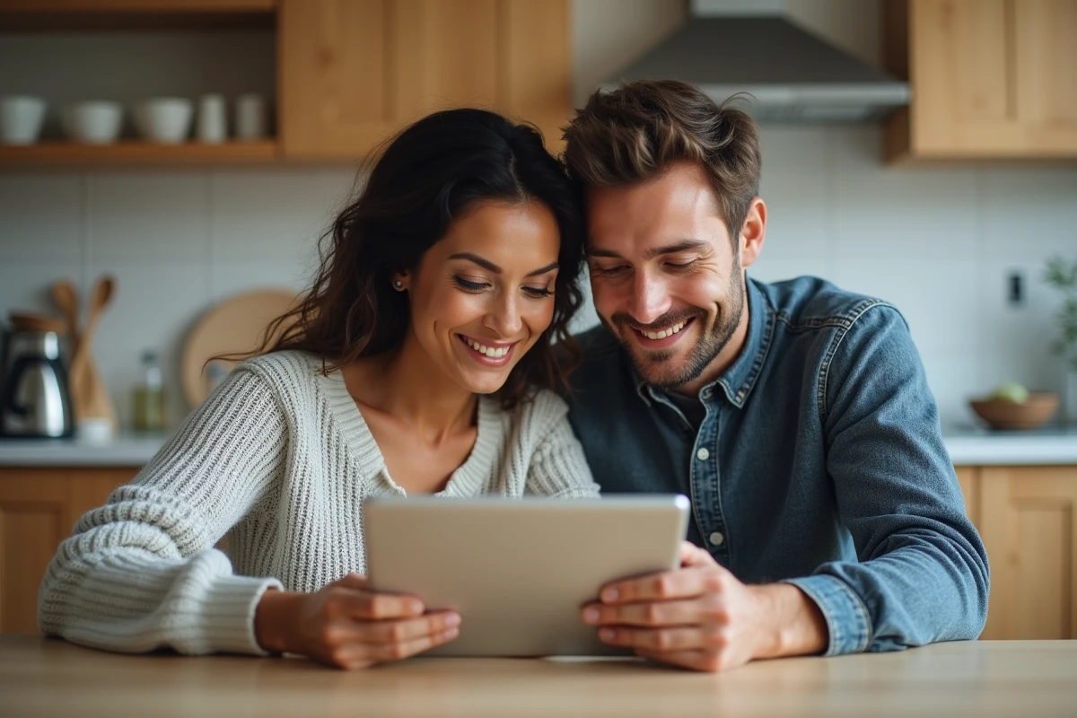 Couple consultant une simulation de prêt immobilier Casden sur tablette dans leur cuisine