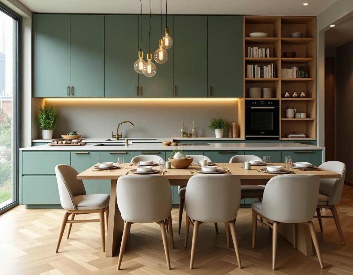 Cuisine ouverte contemporaine avec armoires vert sauge mat, plan de travail en quartz et table en chêne massif pour une maison moderne et confortable