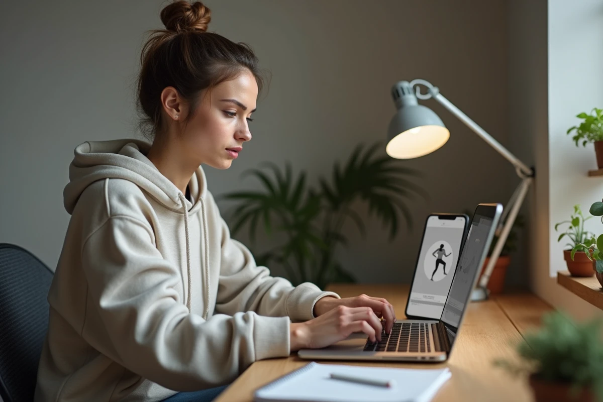 Jeune femme effectuant les démarches en ligne pour remplacer sa carte Basic Fit perdue depuis chez elle