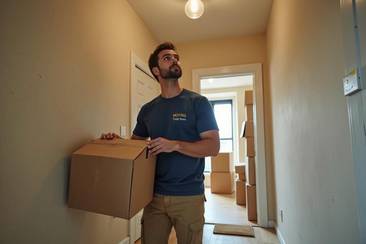 Déménageur observant un plafonnier sans ampoule dans un couloir d'appartement vide