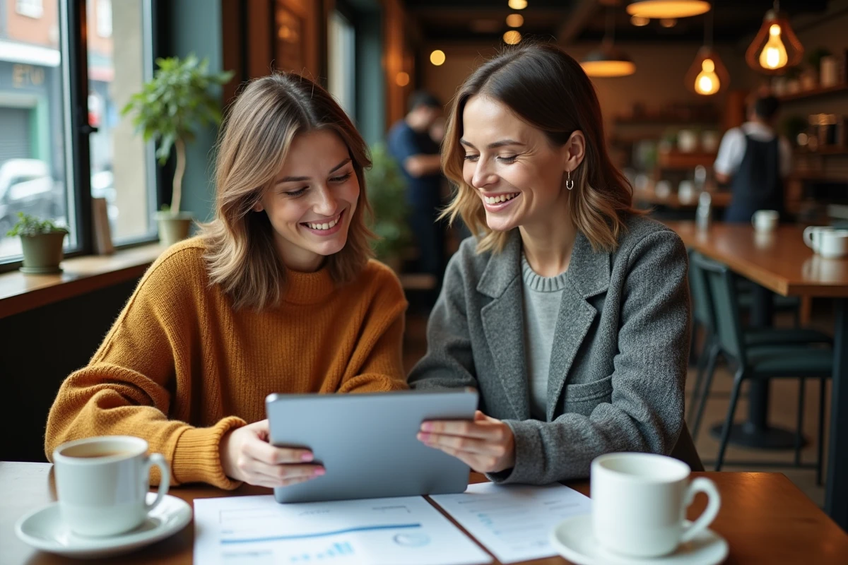Deux femmes entrepreneures discutant de leur stratégie d'entreprise en ligne autour d'une tablette et de documents dans un café urbain