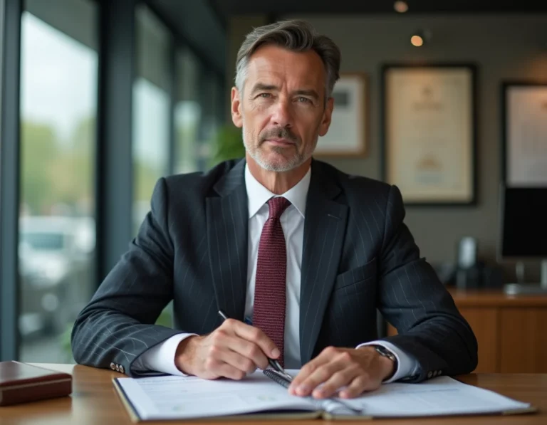Directeur d'agence bancaire en costume assis à son bureau, examinant des documents financiers dans un bureau vitré professionnel