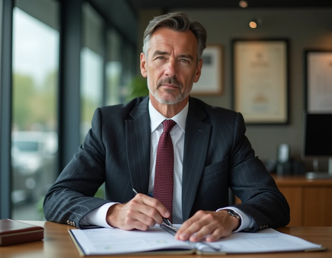 Directeur d'agence bancaire en costume assis à son bureau, examinant des documents financiers dans un bureau vitré professionnel