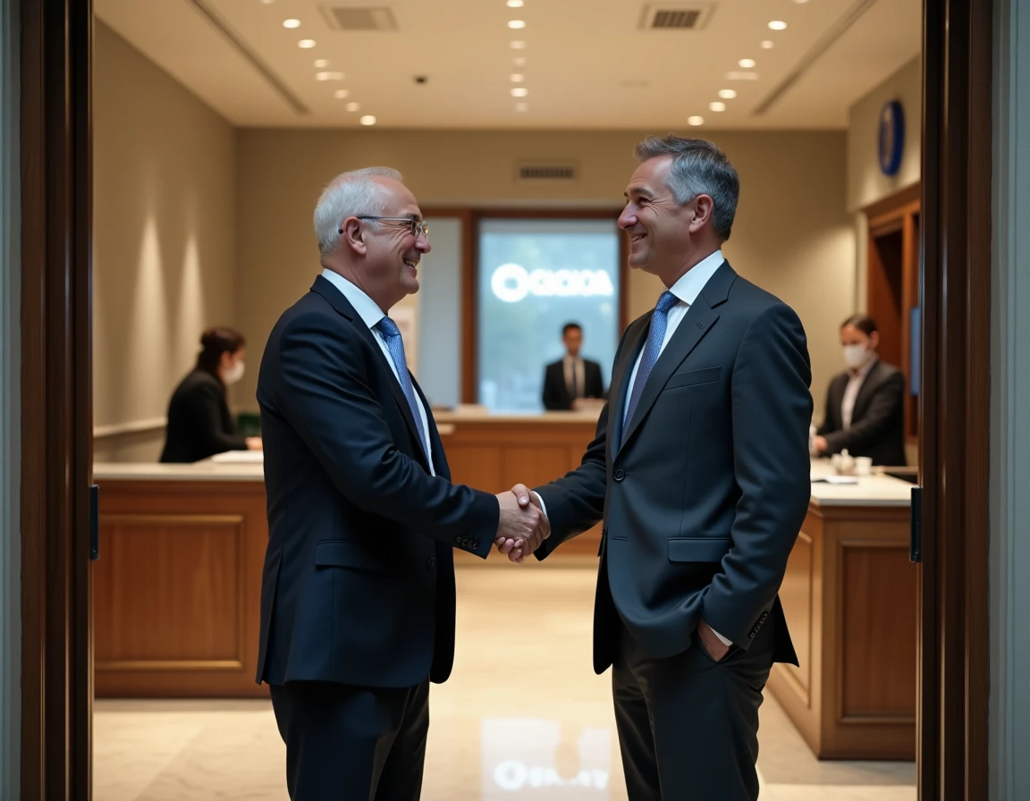 Directeur d'agence bancaire en costume serrant la main d'un client professionnel dans le hall d'une banque traditionnelle française
