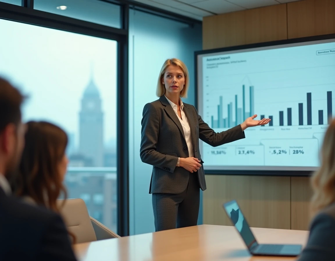 Directrice d'agence bancaire animant une réunion d'équipe dans une salle de conférence moderne avec présentation de performances financières