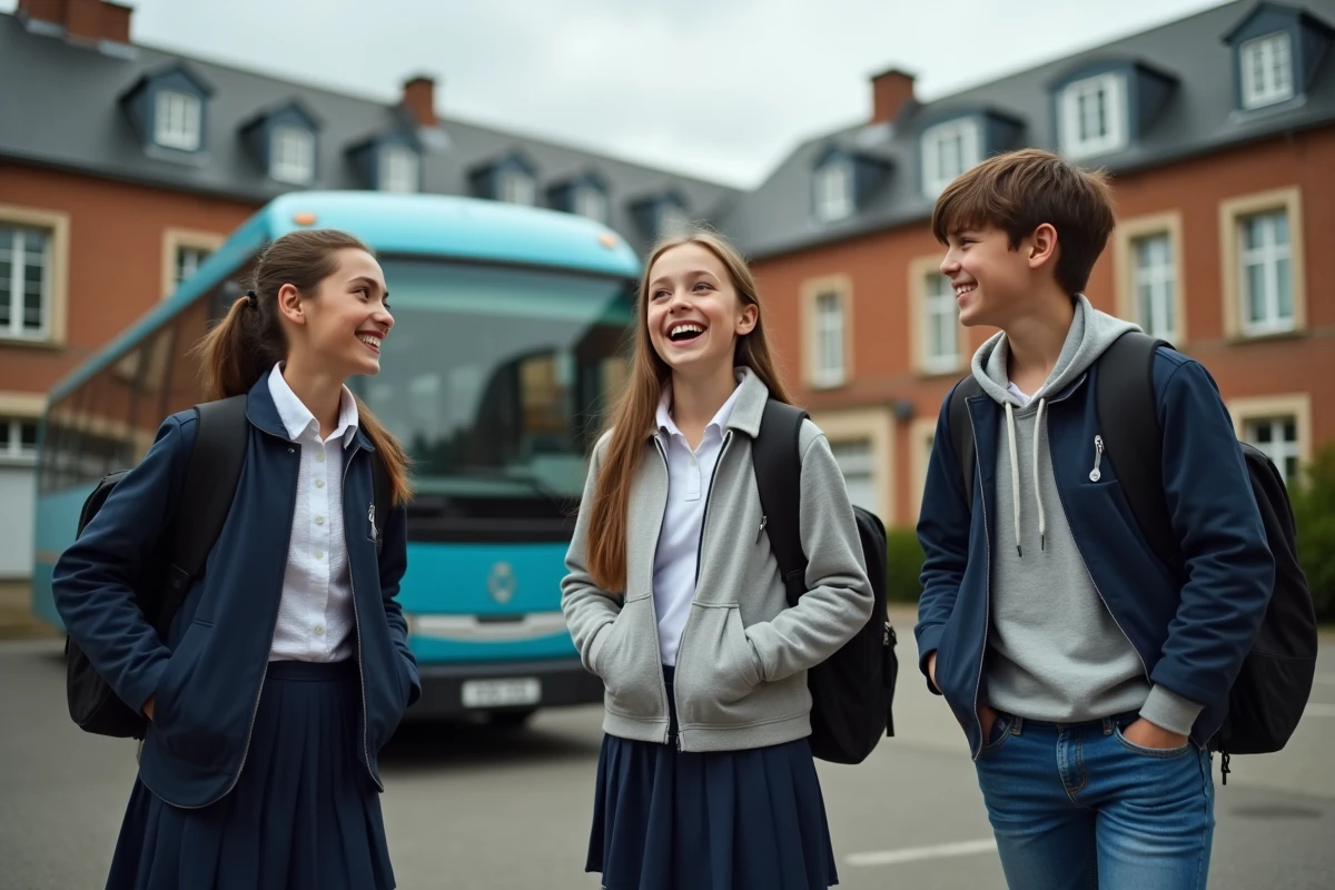 Groupe d'élèves devant un car scolaire partant en voyage scolaire financé par la CAF