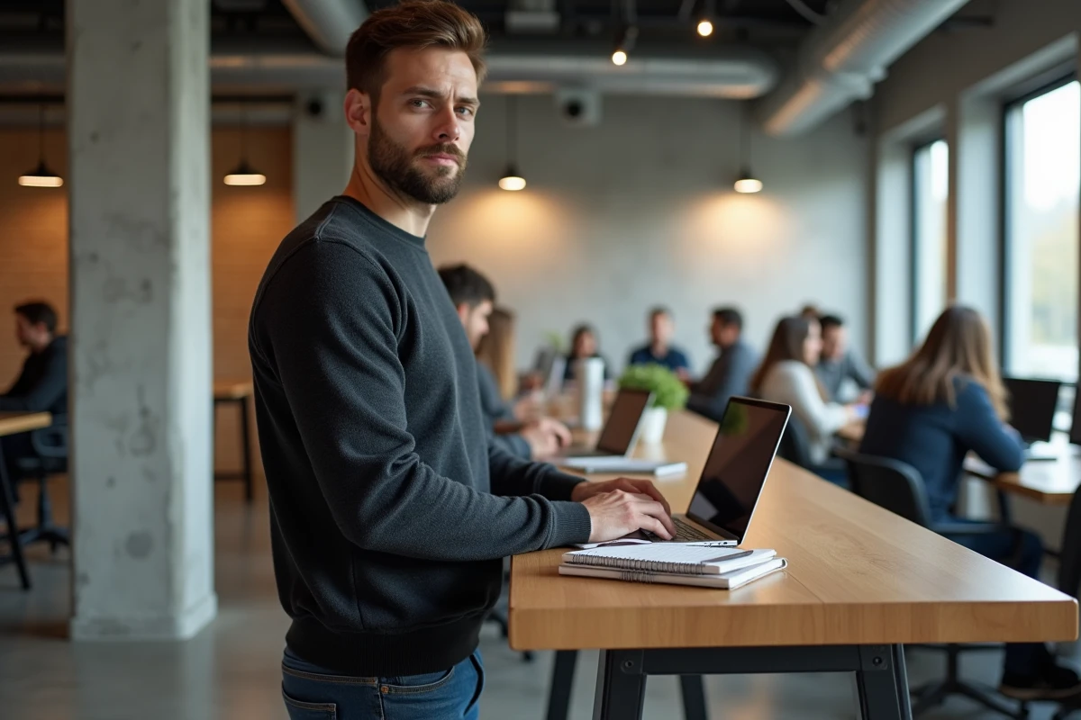 Jeune entrepreneur masculin travaillant sur son ordinateur portable dans un espace de co-working moderne pour gérer son activité en ligne