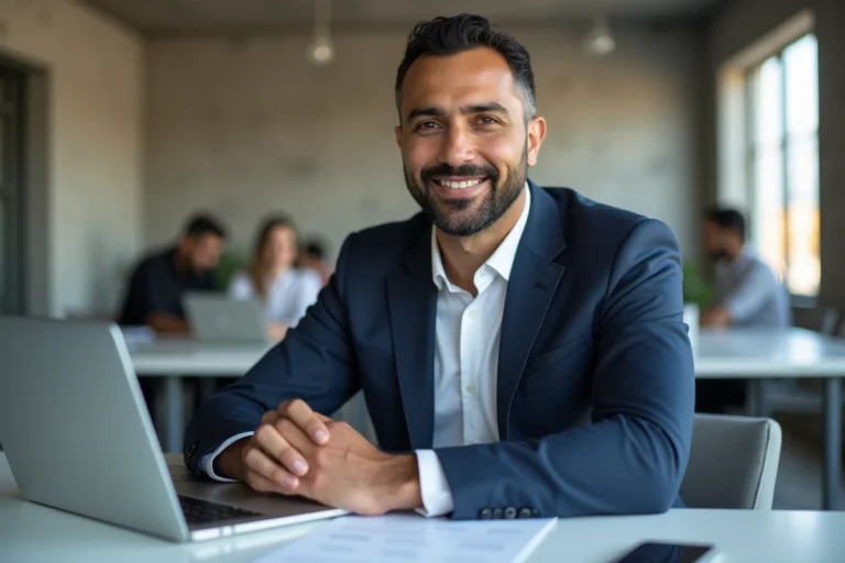 Portrait d'un entrepreneur nord-africain en blazer marine assis à son bureau moderne, ambiance professionnelle et contemporaine