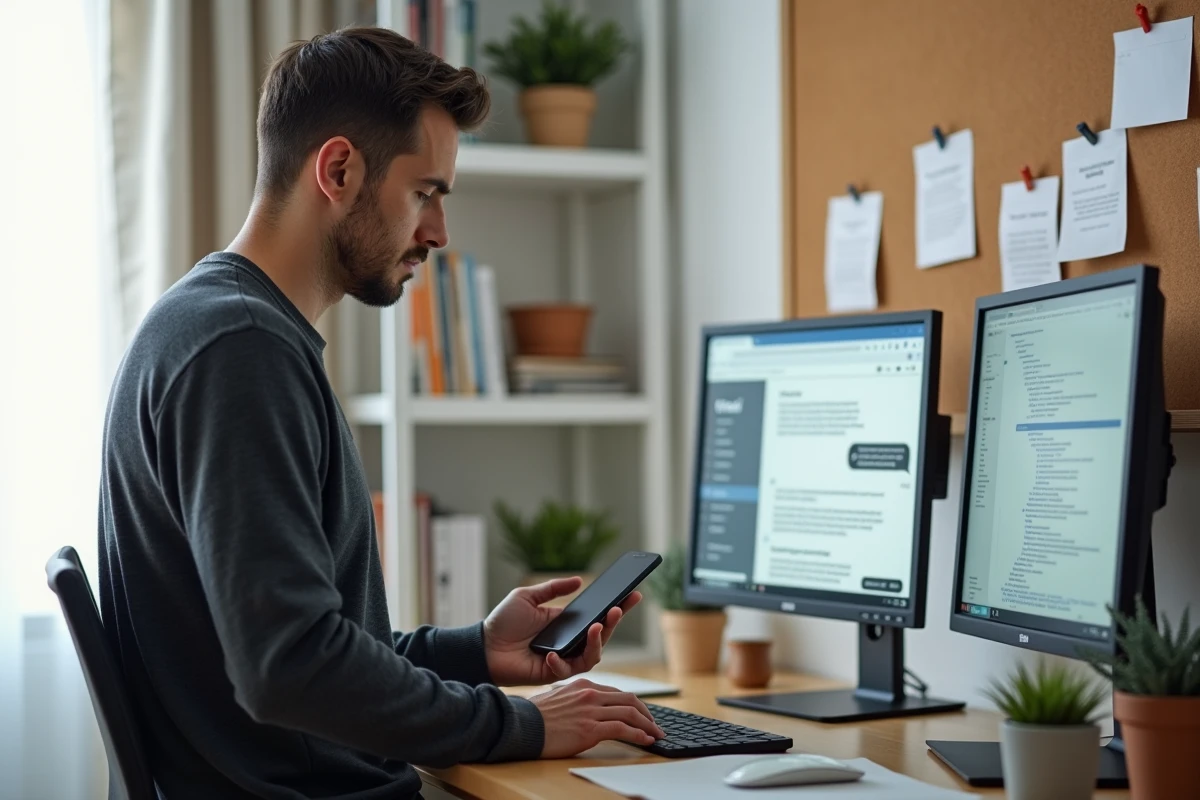 Entrepreneur en télétravail gérant des services numériques complets depuis son bureau à domicile pour améliorer sa communication