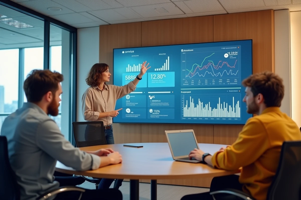 Équipe pluridisciplinaire en réunion autour d'un tableau de bord numérique pour optimiser leur stratégie de communication