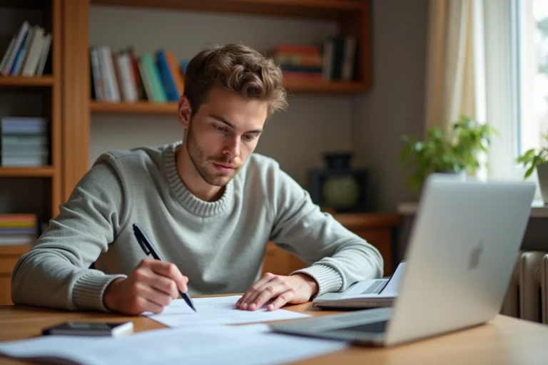 Jeune étudiant remplit un formulaire d'absence dans sa chambre