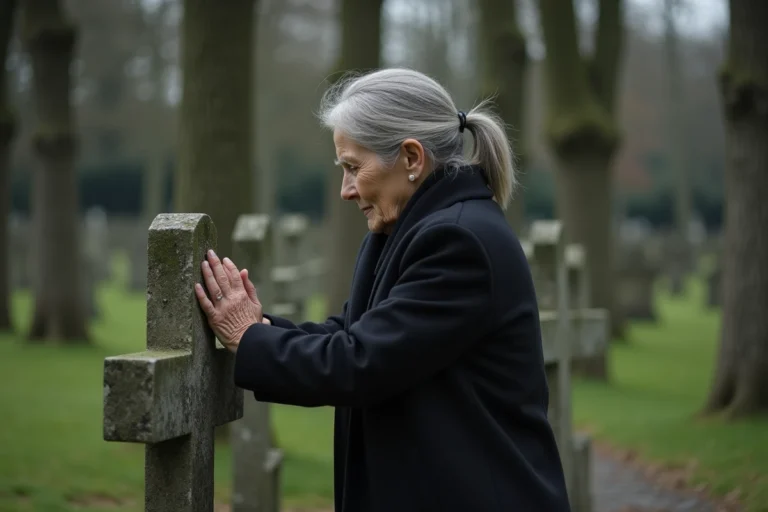 Femme âgée touchant une croix en pierre dans un cimetière