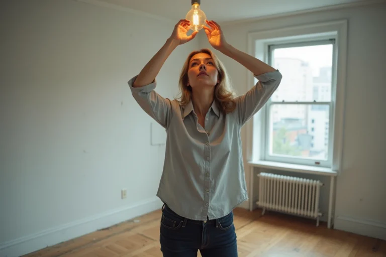 Femme retirant une ampoule lors d'un déménagement dans un appartement vide