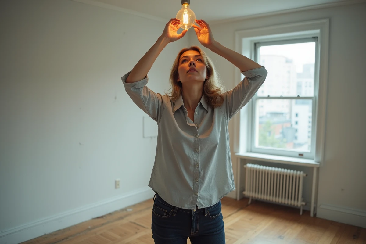 Femme retirant une ampoule lors d'un déménagement dans un appartement vide