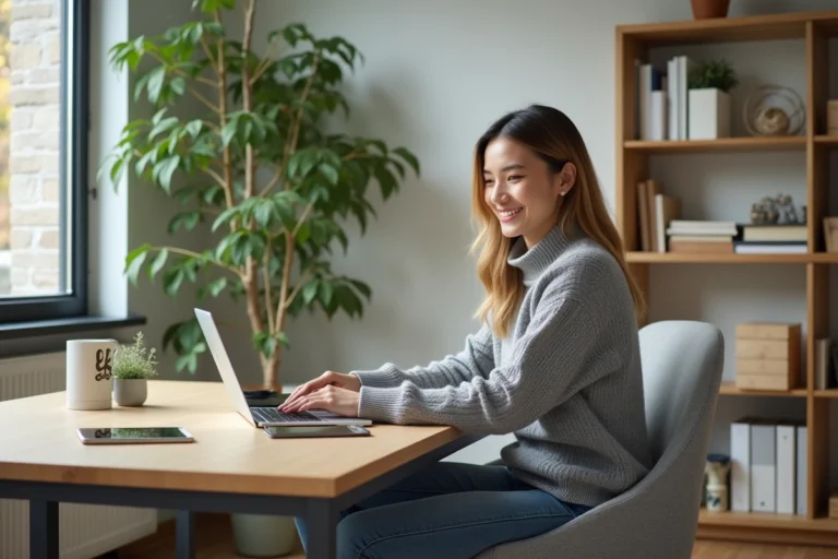Jeune femme au bureau à domicile souriante et concentrée