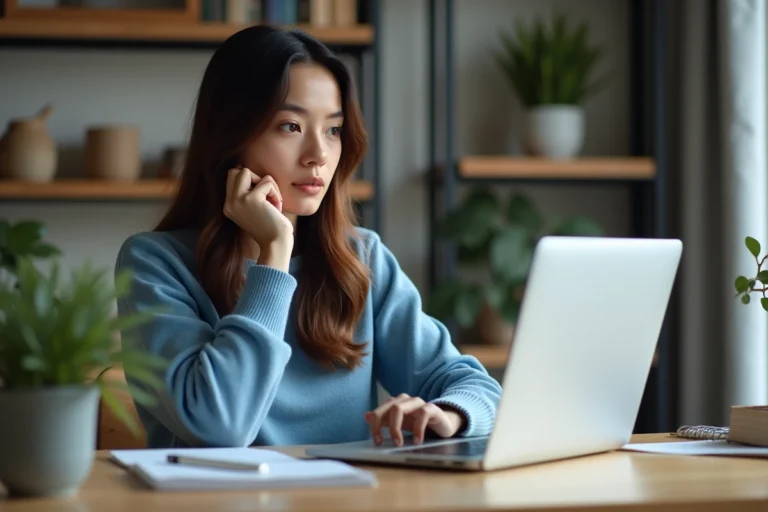 Jeune femme au bureau utilisant son ordinateur portable