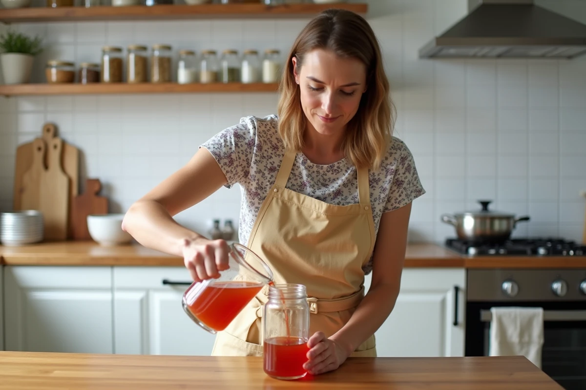 Femme versant un punch maison dans un bocal en verre hermétique pour le conserver à température ambiante