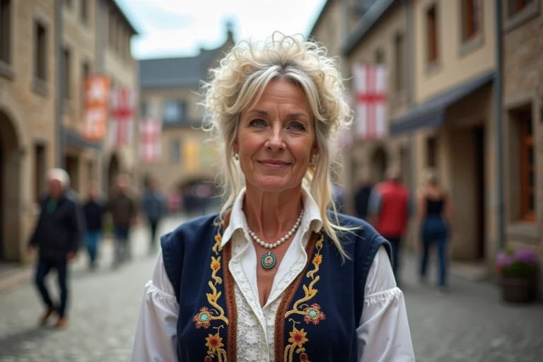 Femme bretonne en costume traditionnel avec coiffe en dentelle lors d'un festival culturel à Quimper